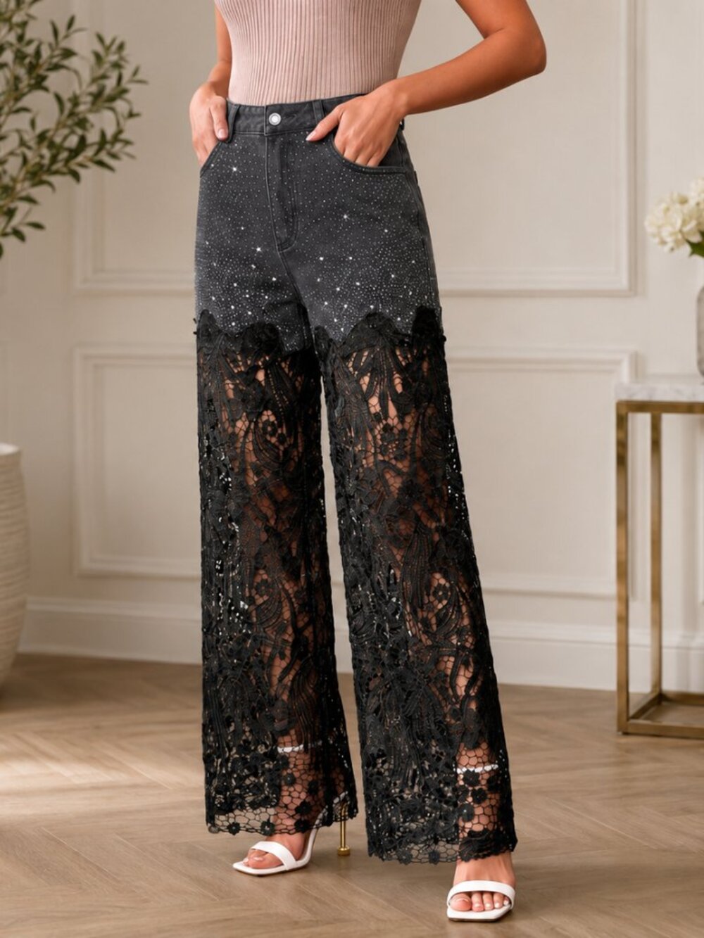 Women's Black Embellished Straight-Leg Jeans with Lace Panels